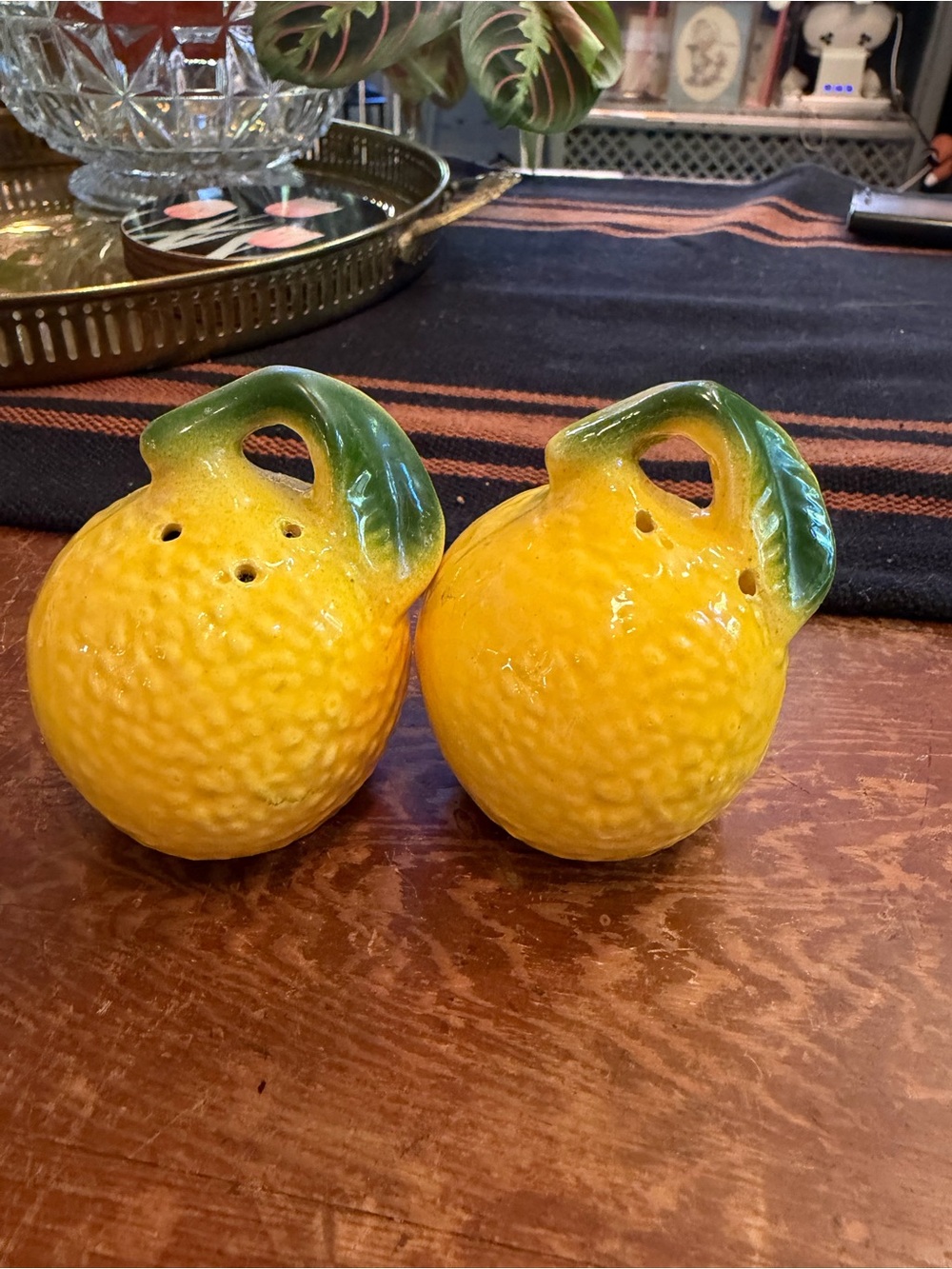 Yellow Ceramic Lemon Salt and Pepper Shaker Set - Green Leaf Accent